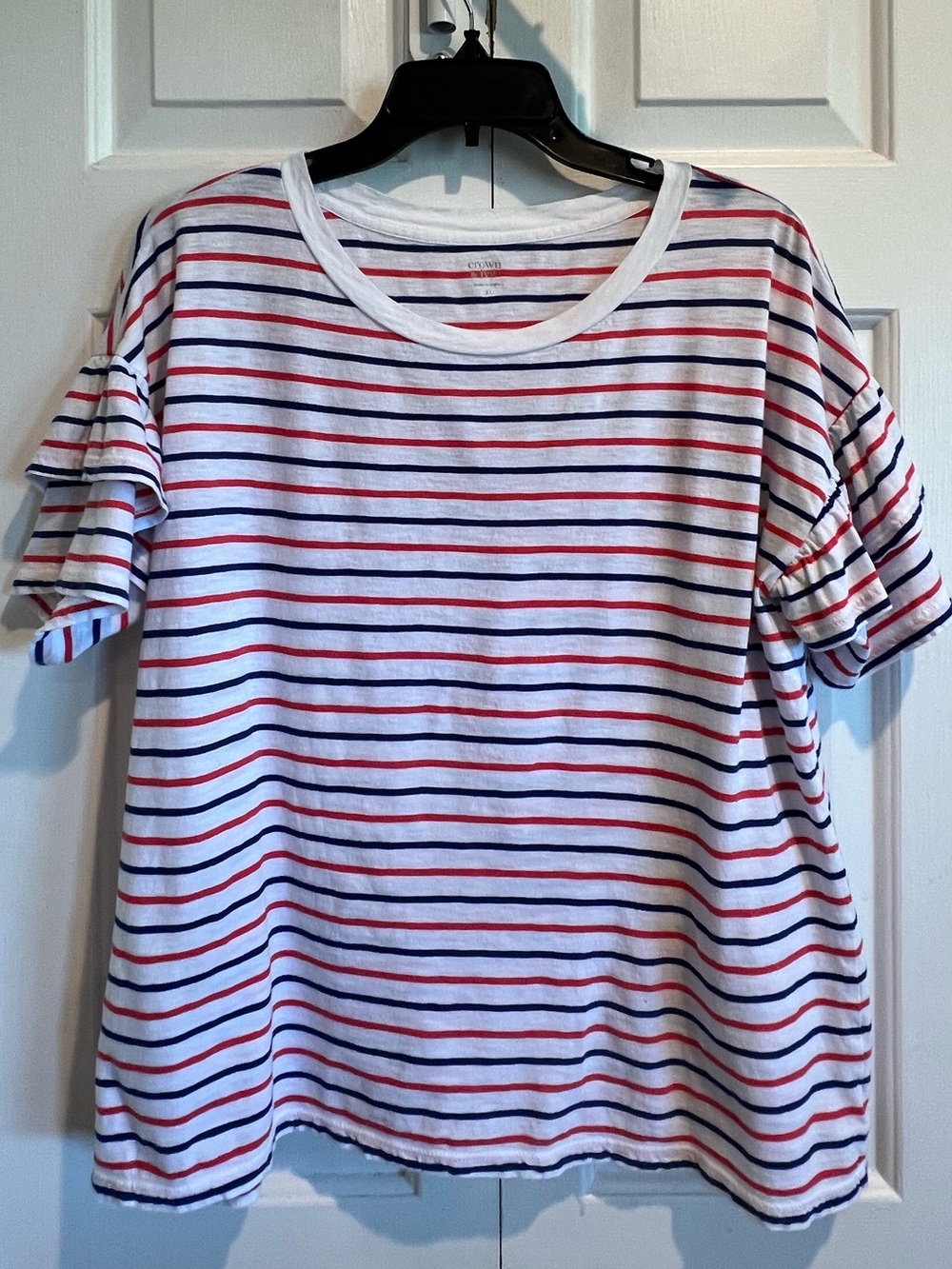 Ruffle Sleeve 💙❤️Striped Short Sleeve Tee - White with Red & Blue Stripes